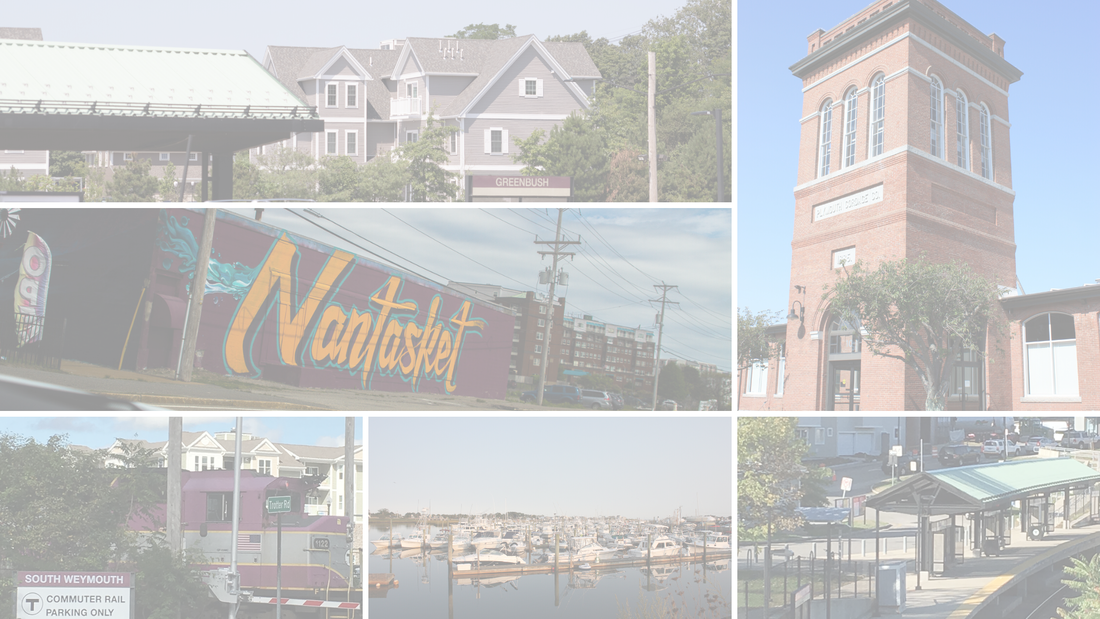 Photo collage of locations on the South Shore including Nantasket, The Landing Commuter Rail, Marshfield marina, Plymouth Cordage Park